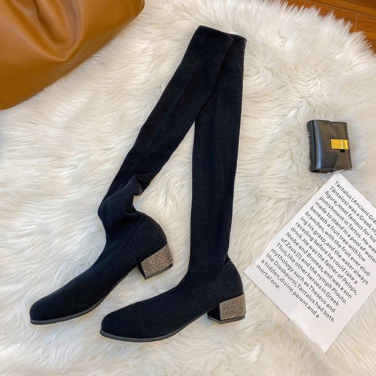 Womens Thigh High Stretch Breathable Pointed Toe Rhinestone Thick Heel Knitting Sock Boots - Trendha
