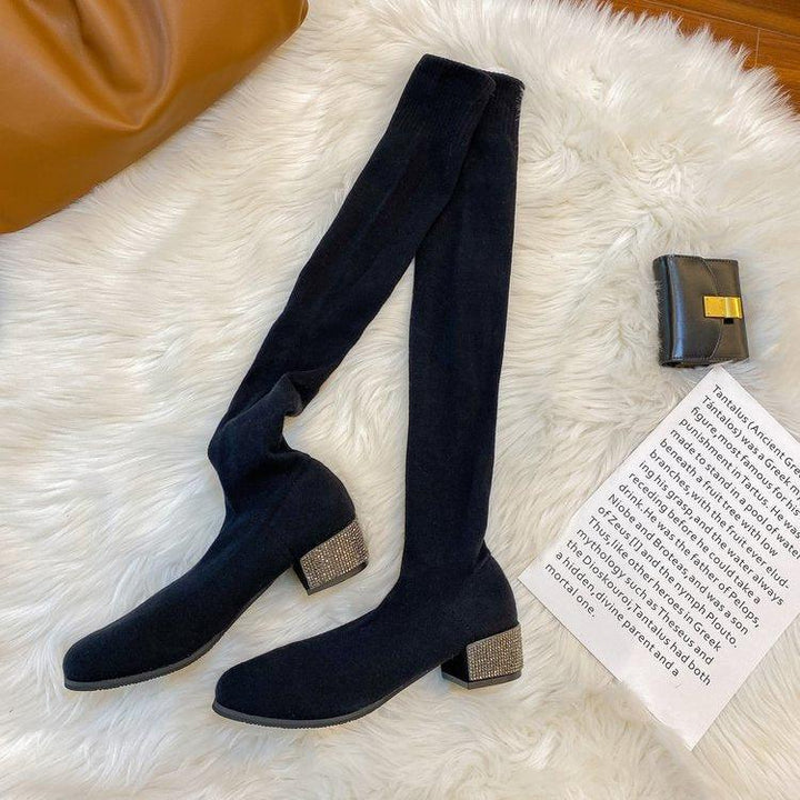 Womens Thigh High Stretch Breathable Pointed Toe Rhinestone Thick Heel Knitting Sock Boots - Trendha