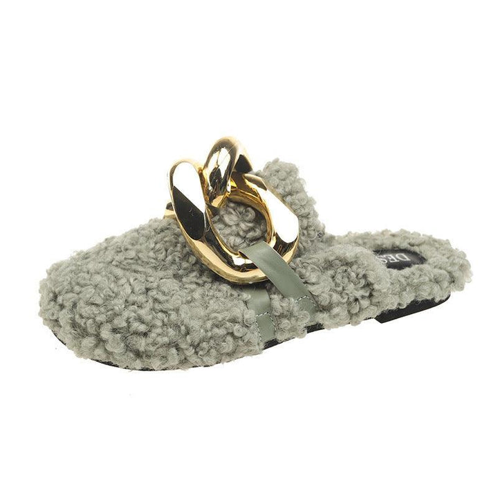 Fur Sandals Autumn Women Furry Wool Mule Slippers With Metal Chain - Trendha
