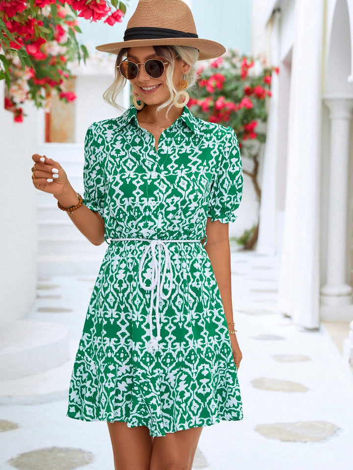 Printed Tie Waist Collared Flounce Sleeve Dress - Trendha