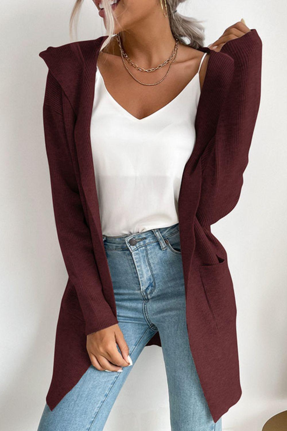 Ribbed Open Front Hooded Cardigan with Pockets - Trendha