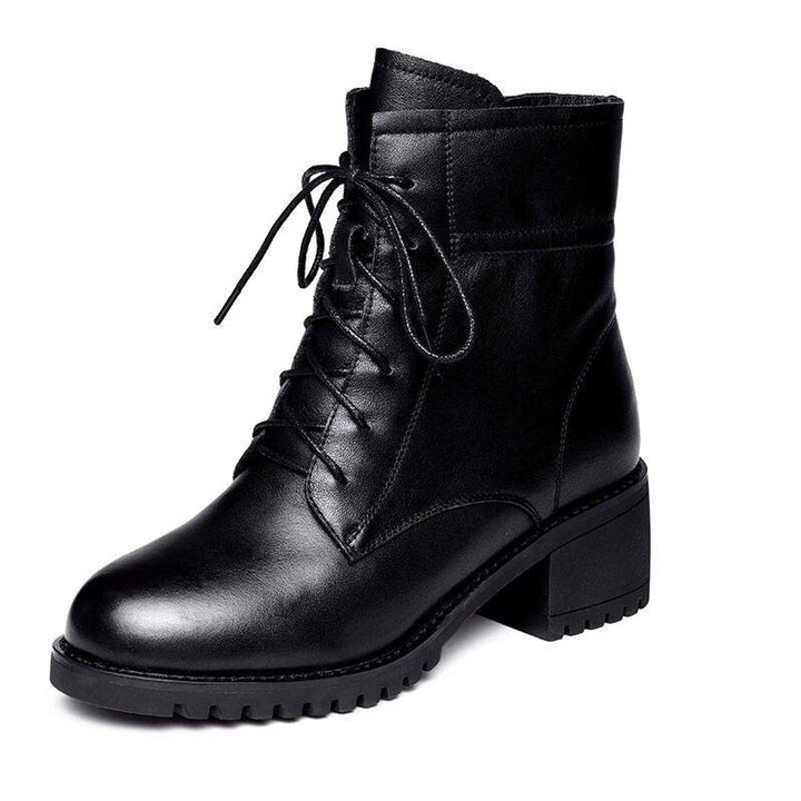 Soft Leather And Velvet British Style Thick Heel Short Boots All-match - Trendha
