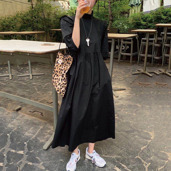 Stand-up collar dress with wood ears - Trendha