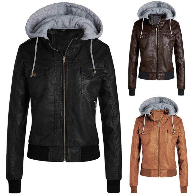 Hooded PU Zip Jacket with Chest Pockets
