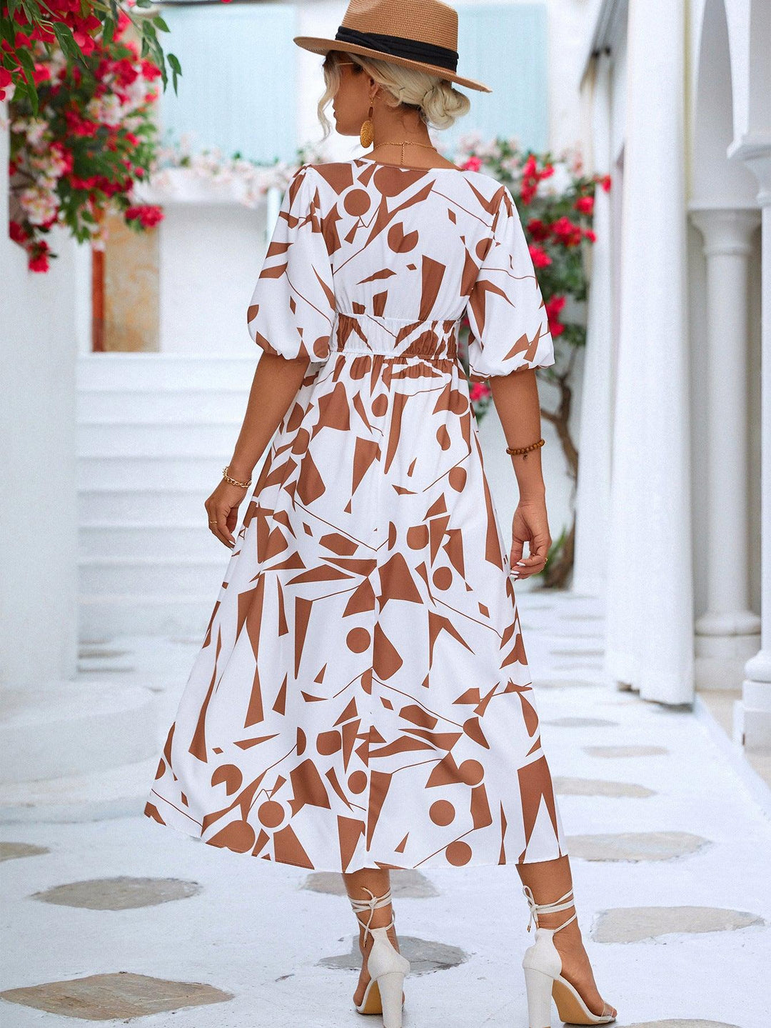 Printed Surplice Balloon Sleeve Dress - Trendha