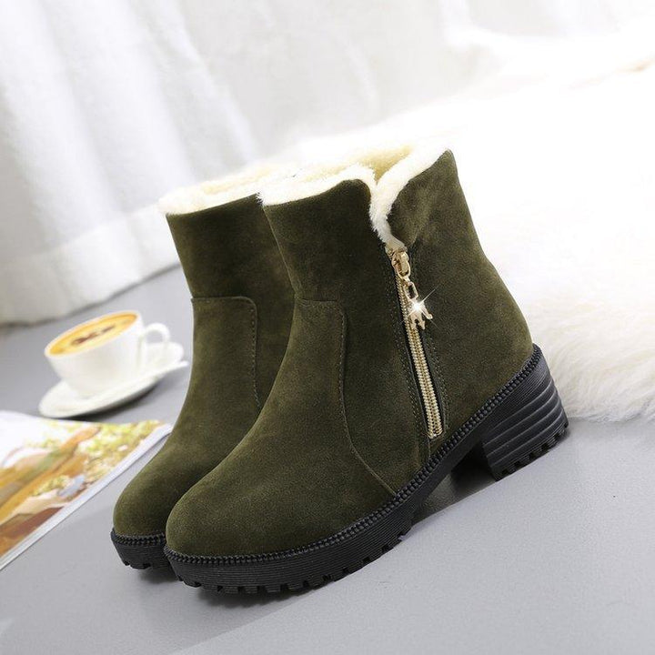 Short Suede Side Zip Student Thick Mid-Heel Boots - Trendha