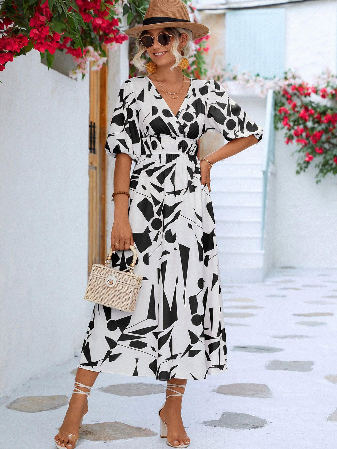 Printed Surplice Balloon Sleeve Dress - Trendha