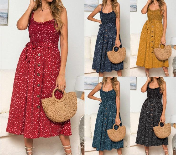 A printed dress with a row of buttons