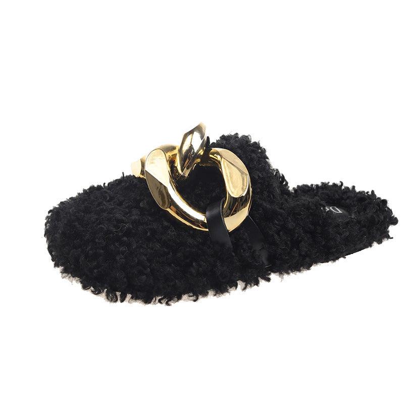 Fur Sandals Autumn Women Furry Wool Mule Slippers With Metal Chain - Trendha