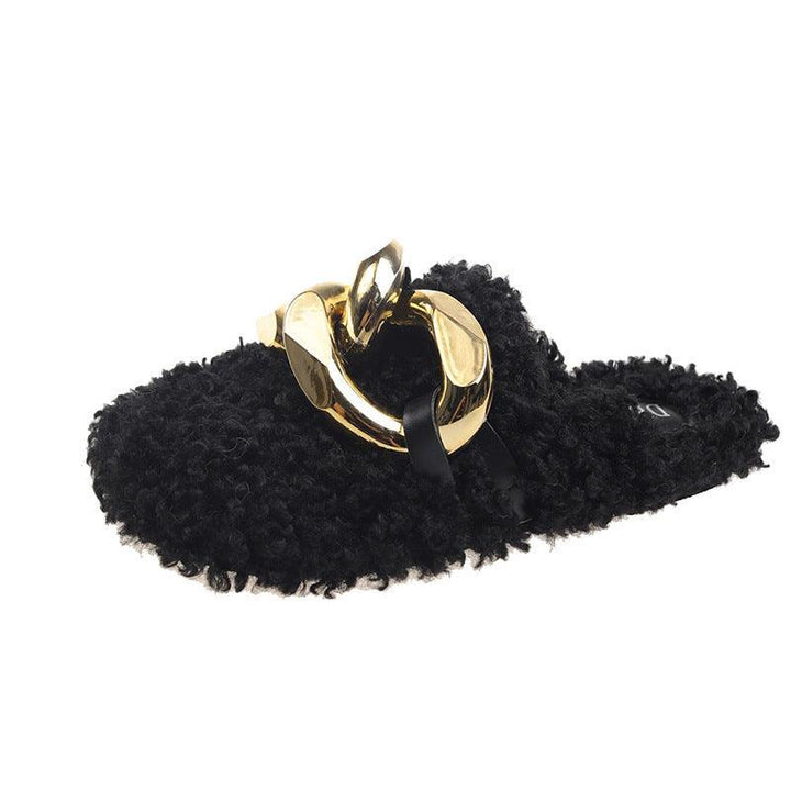 Fur Sandals Autumn Women Furry Wool Mule Slippers With Metal Chain - Trendha