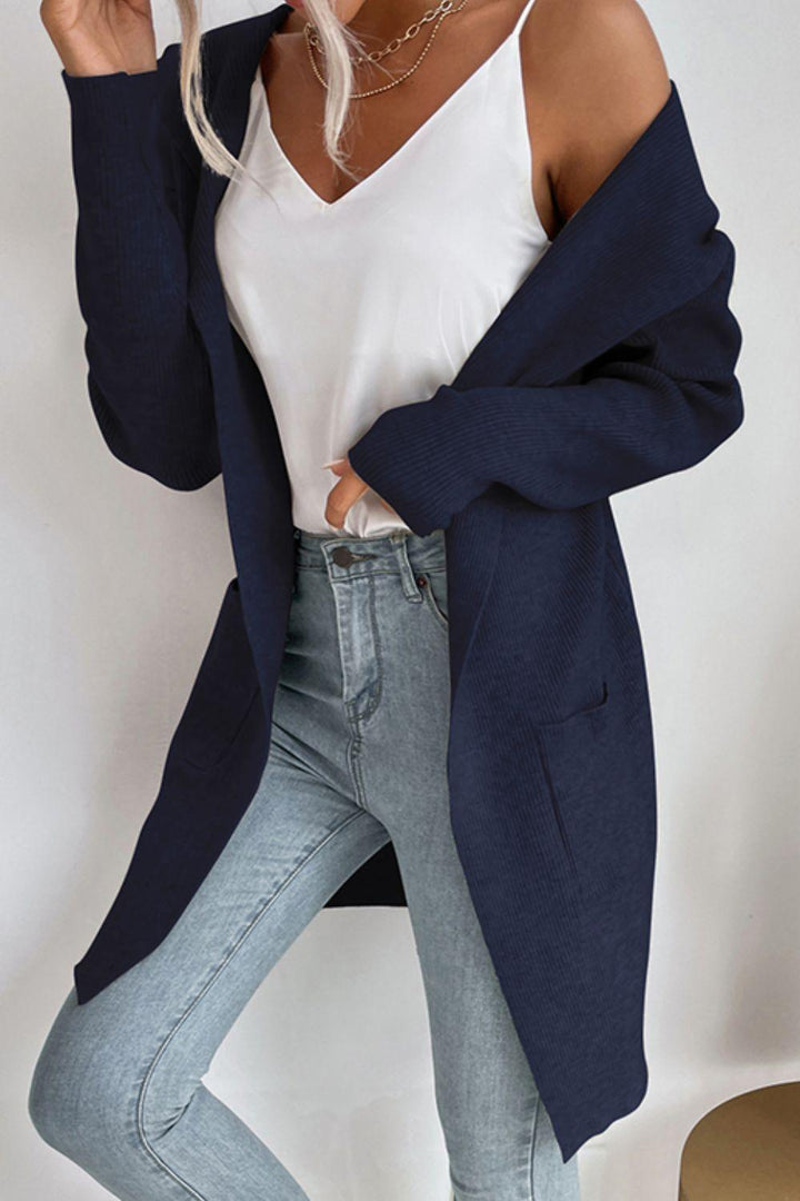 Ribbed Open Front Hooded Cardigan with Pockets - Trendha