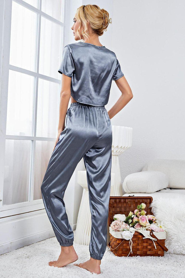 Satin Short Sleeve Crop Top and Joggers Lounge Set - Trendha