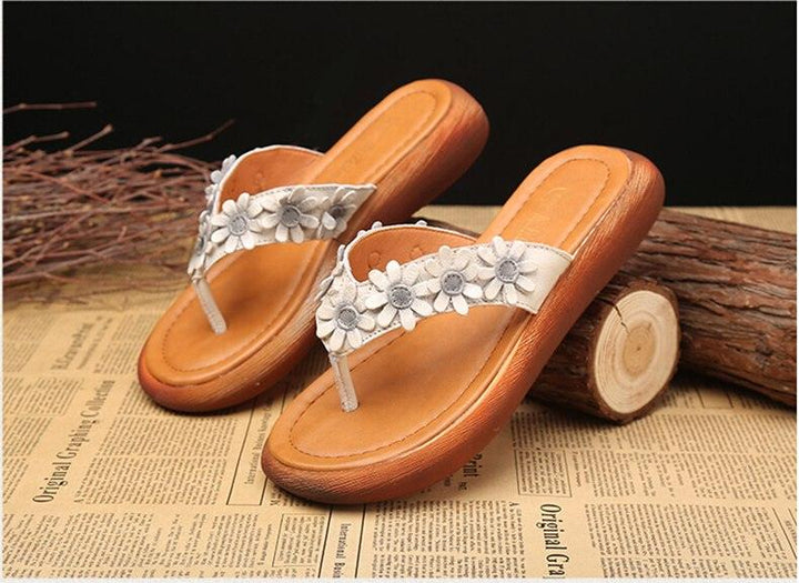 Ethnic style flowers flat leather flip flops female Mori girl sweets sandals and slippers - Trendha