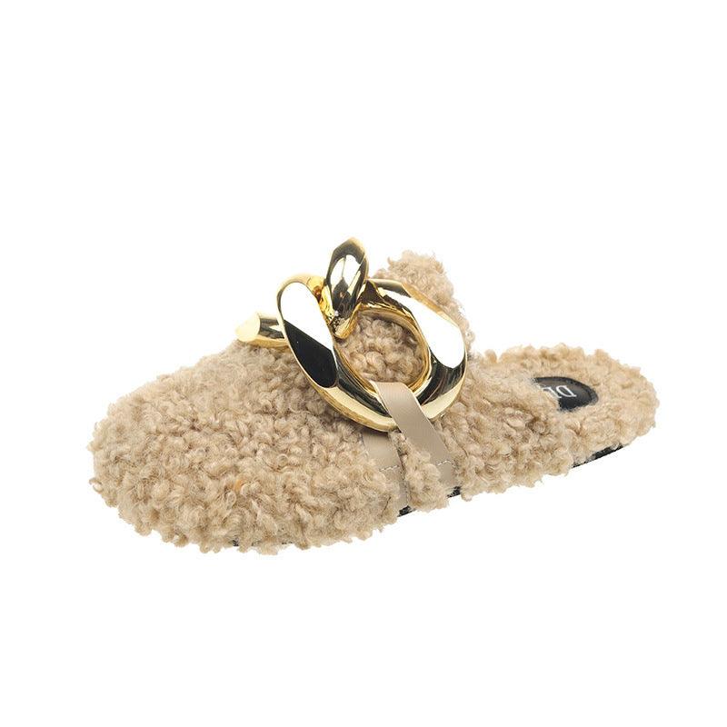Fur Sandals Autumn Women Furry Wool Mule Slippers With Metal Chain - Trendha