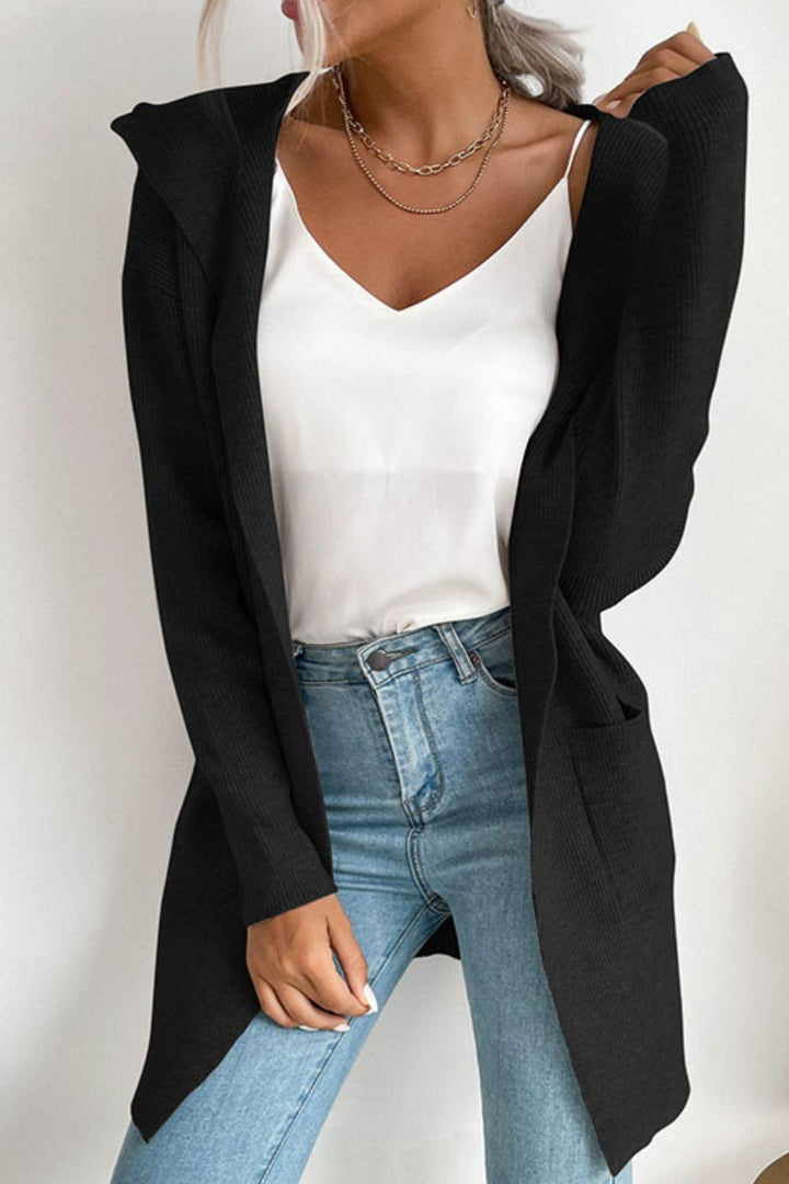 Ribbed Open Front Hooded Cardigan with Pockets - Trendha