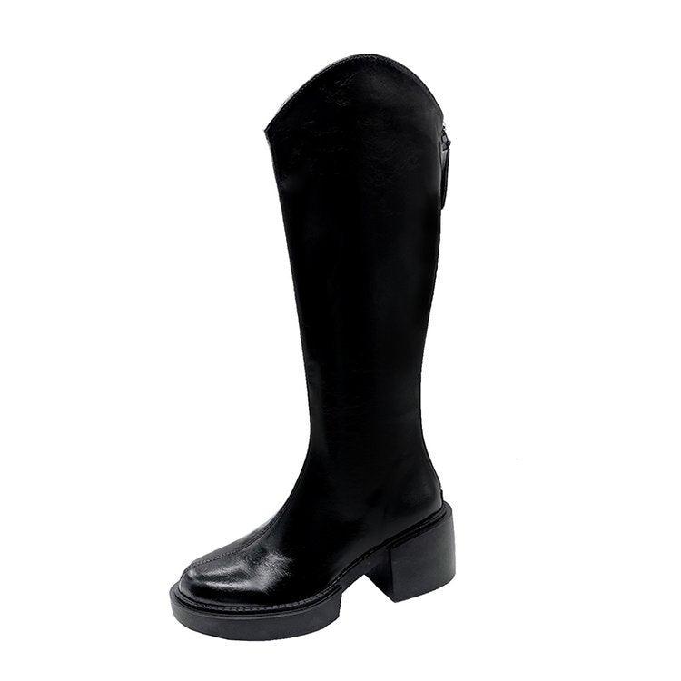 British Style Thick-soled Rear Zipper Chimney Spring And Autumn Boots - Trendha