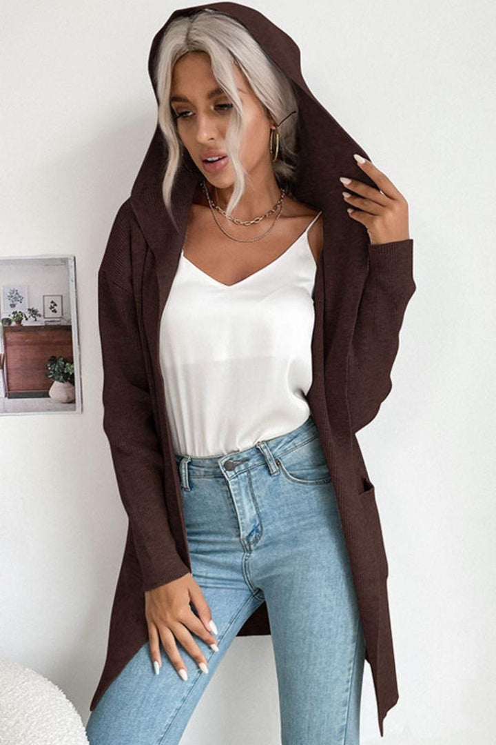 Ribbed Open Front Hooded Cardigan with Pockets - Trendha