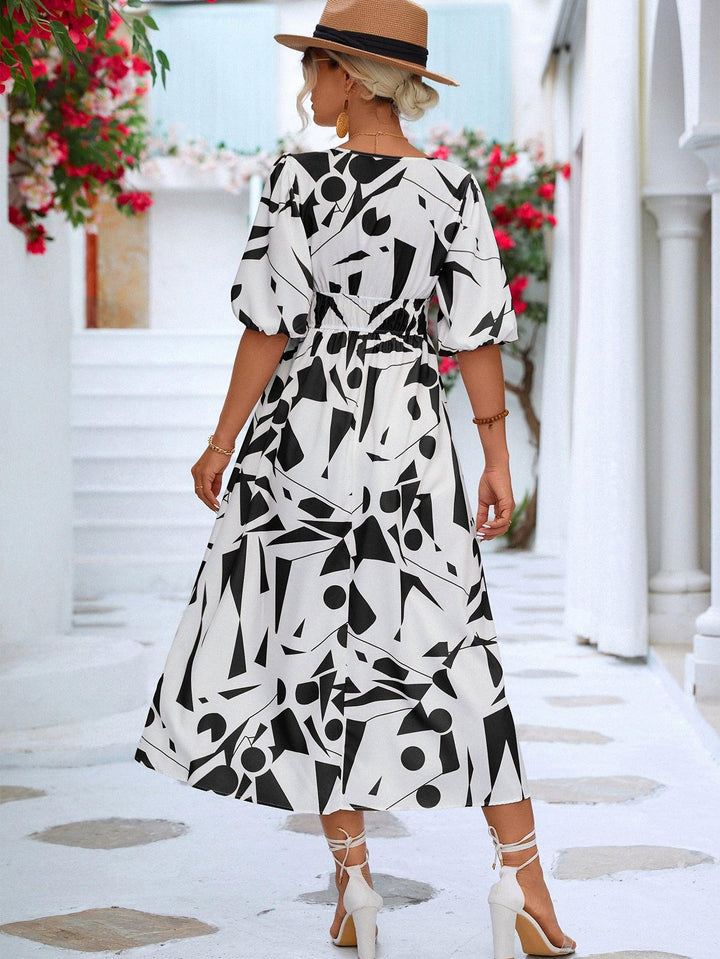 Printed Surplice Balloon Sleeve Dress - Trendha