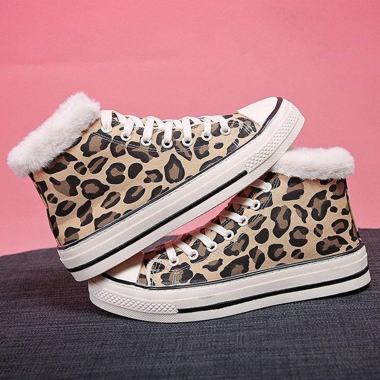 Sponge Cake Thick Bottom Korean Version Plus Velvet Thick Leopard Print Women's Sneakers - Trendha