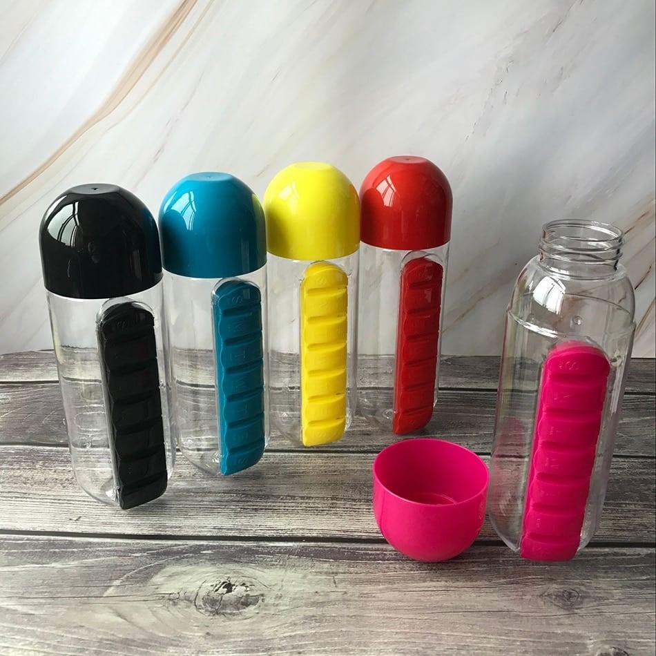 600ml Plastic Water Bottle with Daily Pill Organizer