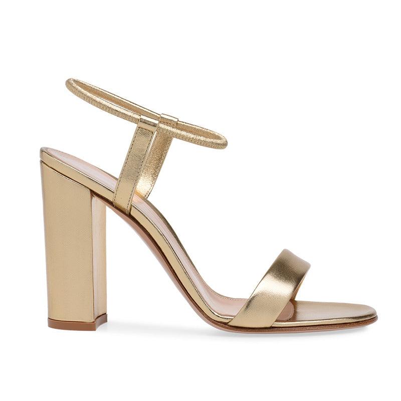 Ladies Gold And Silver PU Round Head Thick High-heel Banquet Summer New Style Sandals - Trendha
