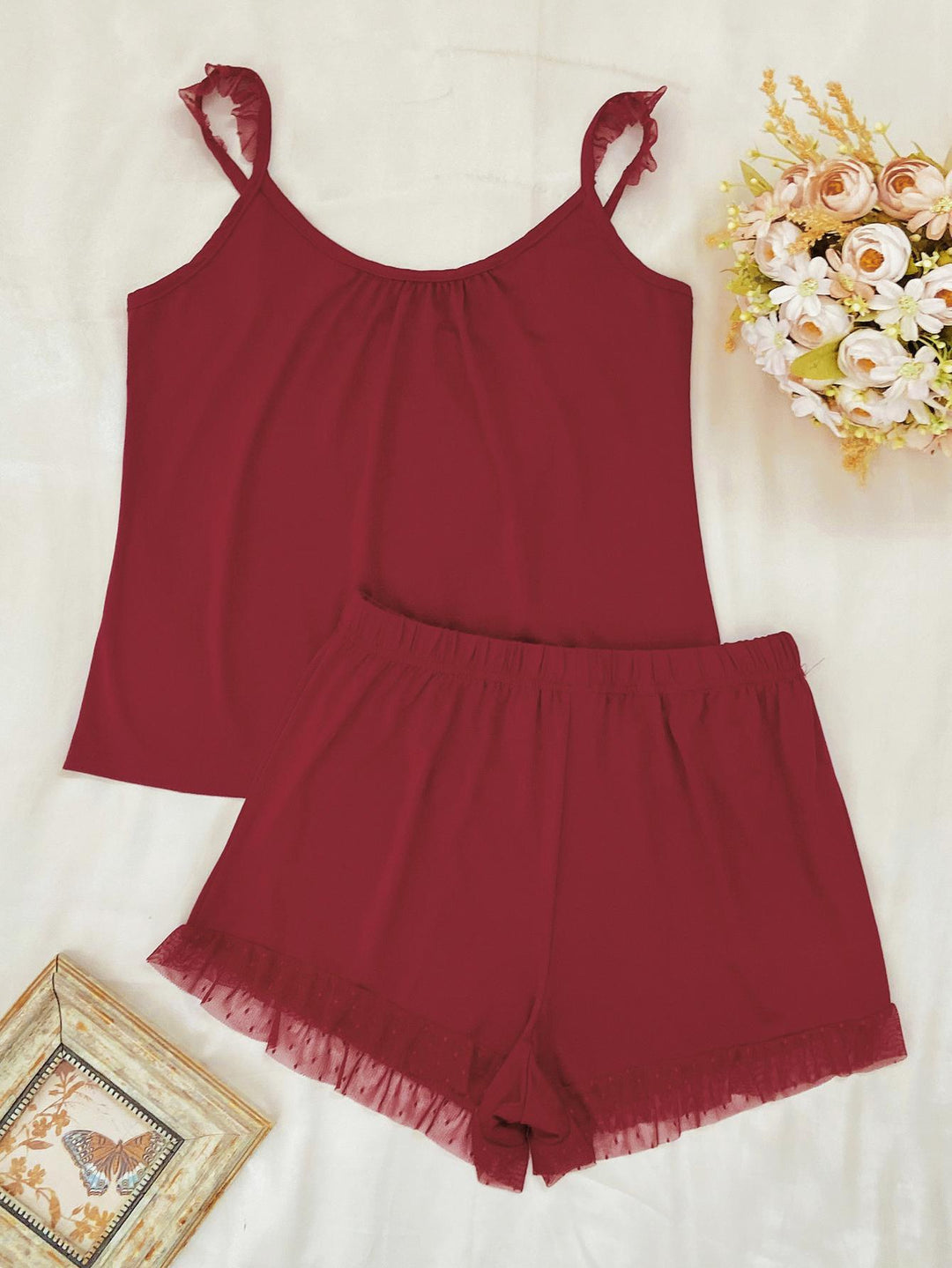Gathered Detail Spliced Mesh Sleeveless Top and Shorts Lounge Set - Trendha