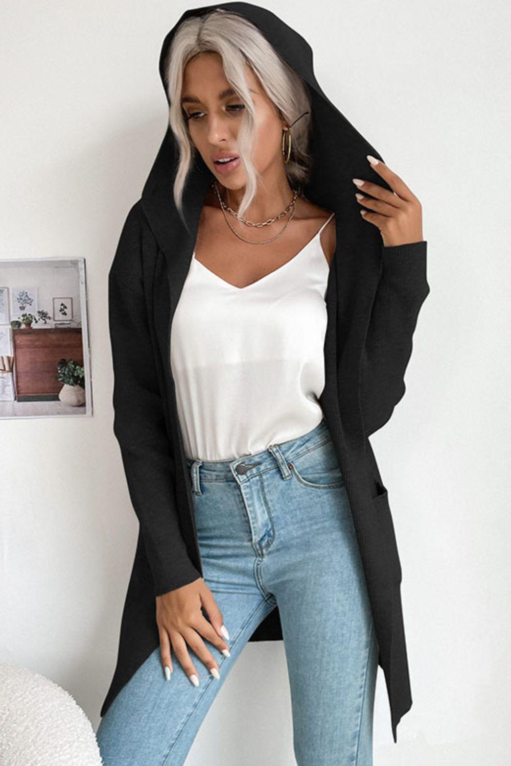 Ribbed Open Front Hooded Cardigan with Pockets - Trendha