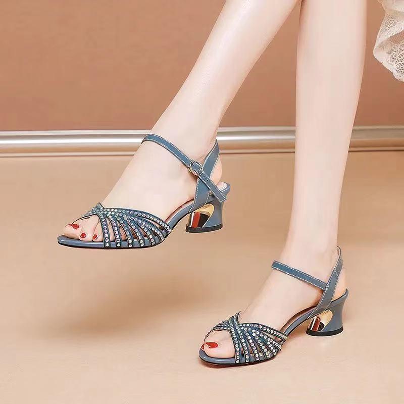 Woven Thin Strap Rhinestone Sandals Women's Chunky Heel - Trendha