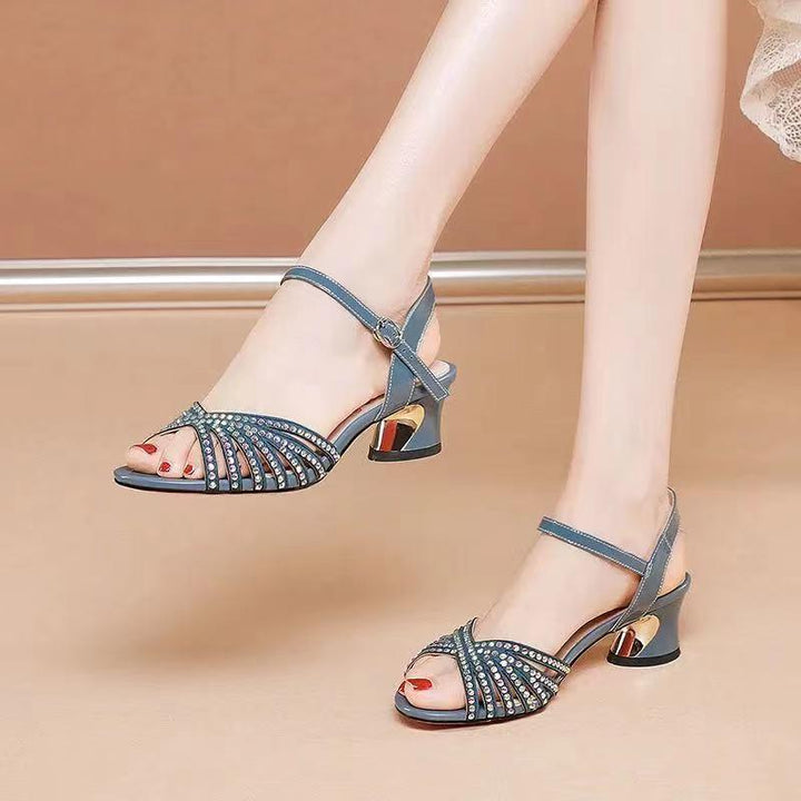 Woven Thin Strap Rhinestone Sandals Women's Chunky Heel - Trendha