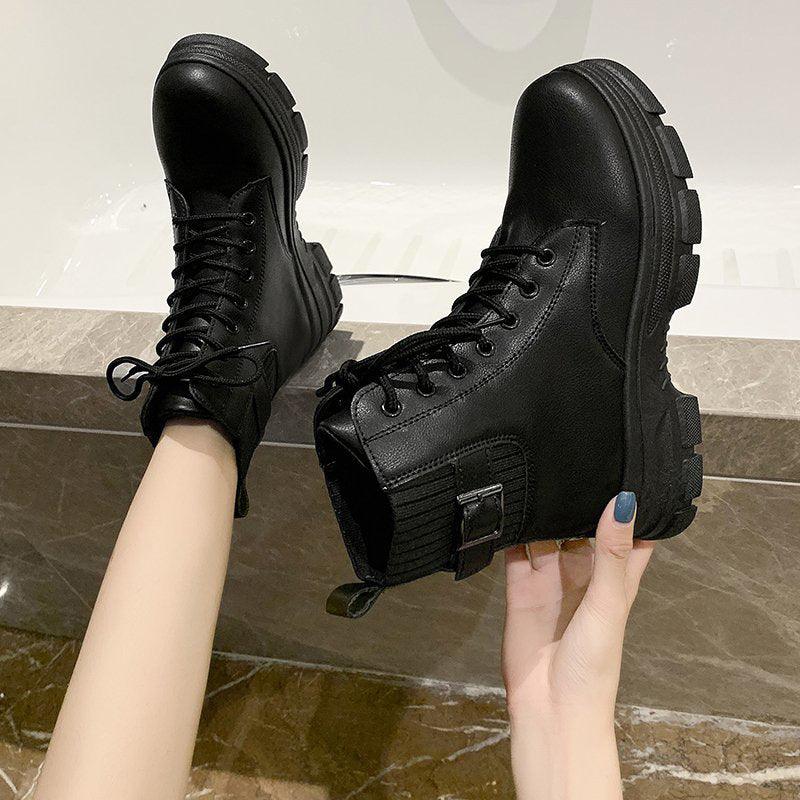 All-match British Style Plus Velvet Cotton Shoes Thick-soled Net Red Thin And Thin Short Boots - Trendha