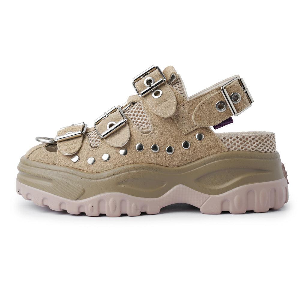 Thick Bottom Muffin Heel Back Trip Belt Leather Casual Shoes Rivet Waterproof Platform Thick Bottom Sandals Student - Trendha