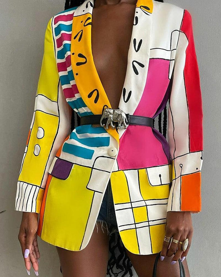Fashion-Forward Printed Shawl Collar Single-Breasted Belted Blazer for Women - Trendha