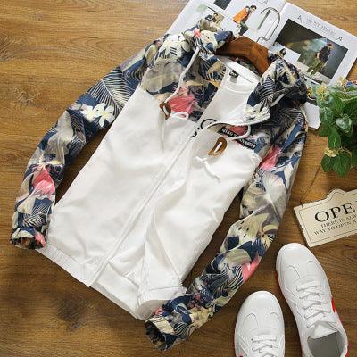 Men's Floral-Contrast Hooded Zip Jacket
