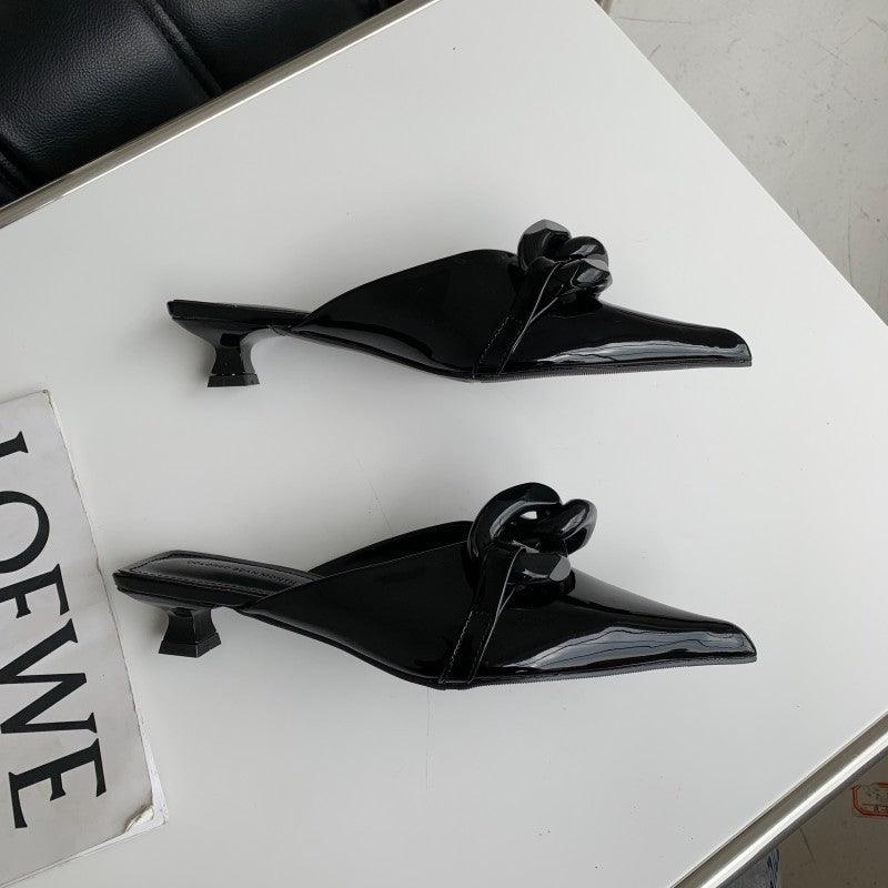Fashion Candy Color Chain Pointed Toe Low Heel Baotou Half Slippers Women - Trendha