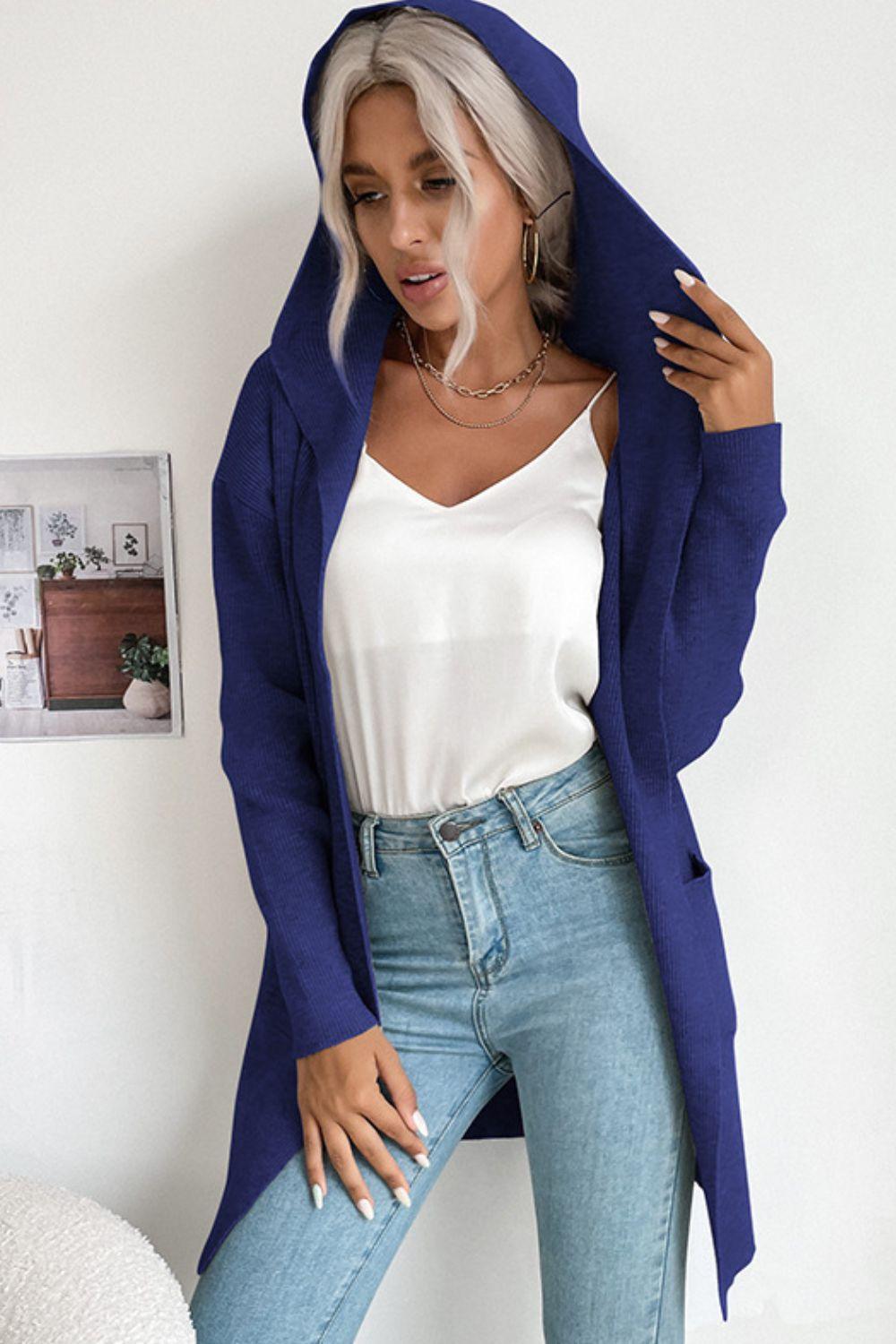 Ribbed Open Front Hooded Cardigan with Pockets - Trendha