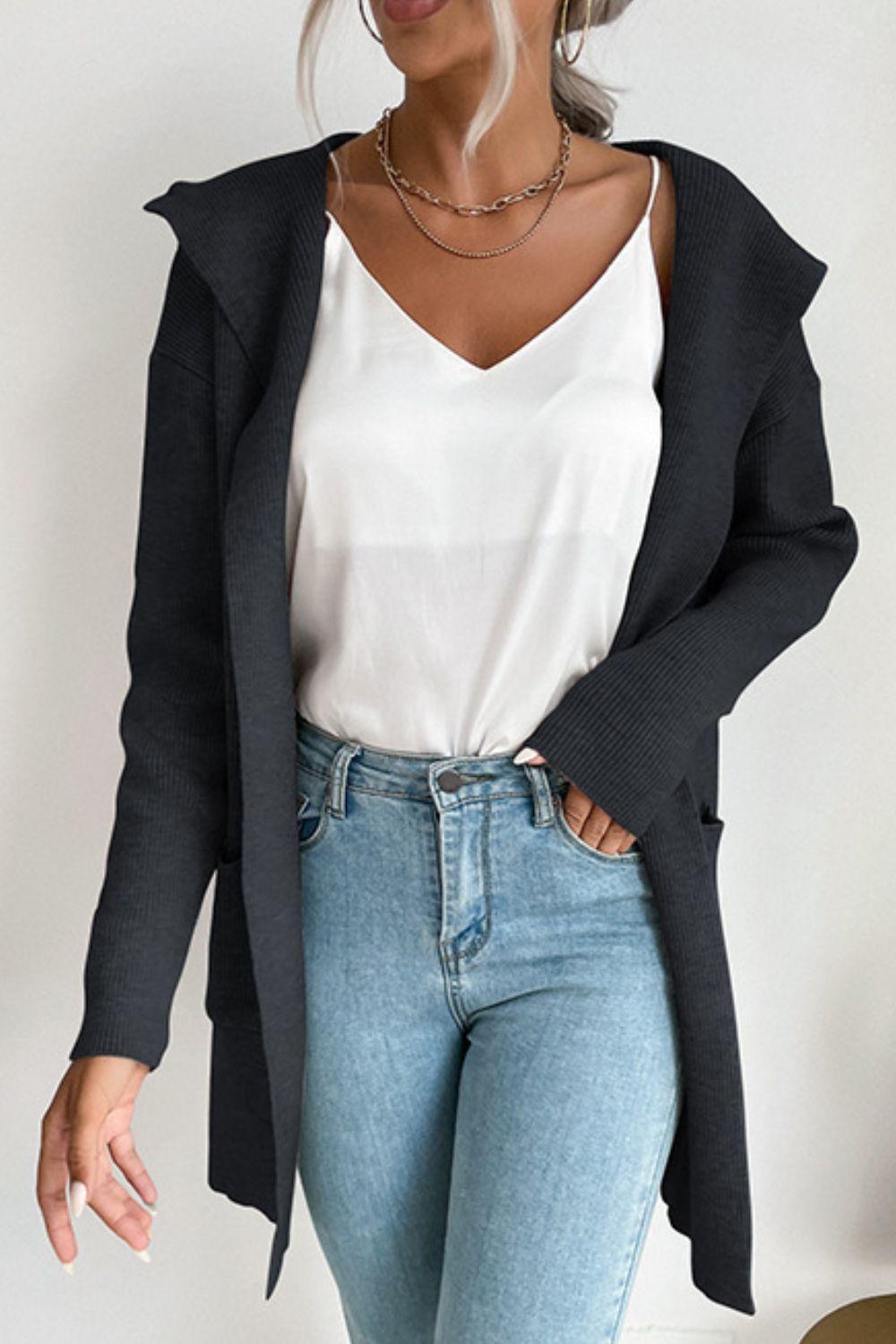 Ribbed Open Front Hooded Cardigan with Pockets - Trendha