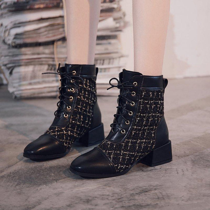 Round Toe Thick Heel Women's Boots With Front Lace Lattice - Trendha
