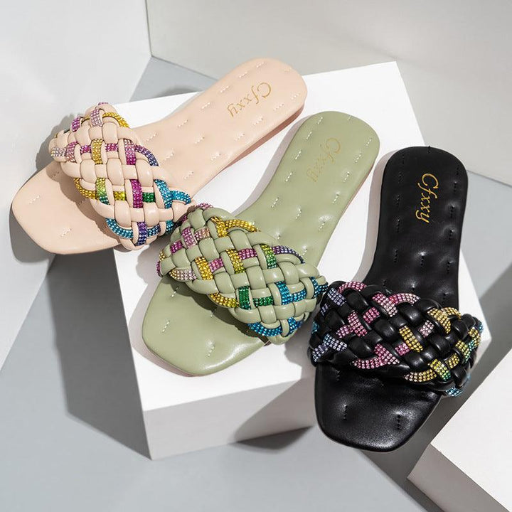 Fashion Square Head Colorful Diamond Embroidery Thread Flat Sandals - Trendha