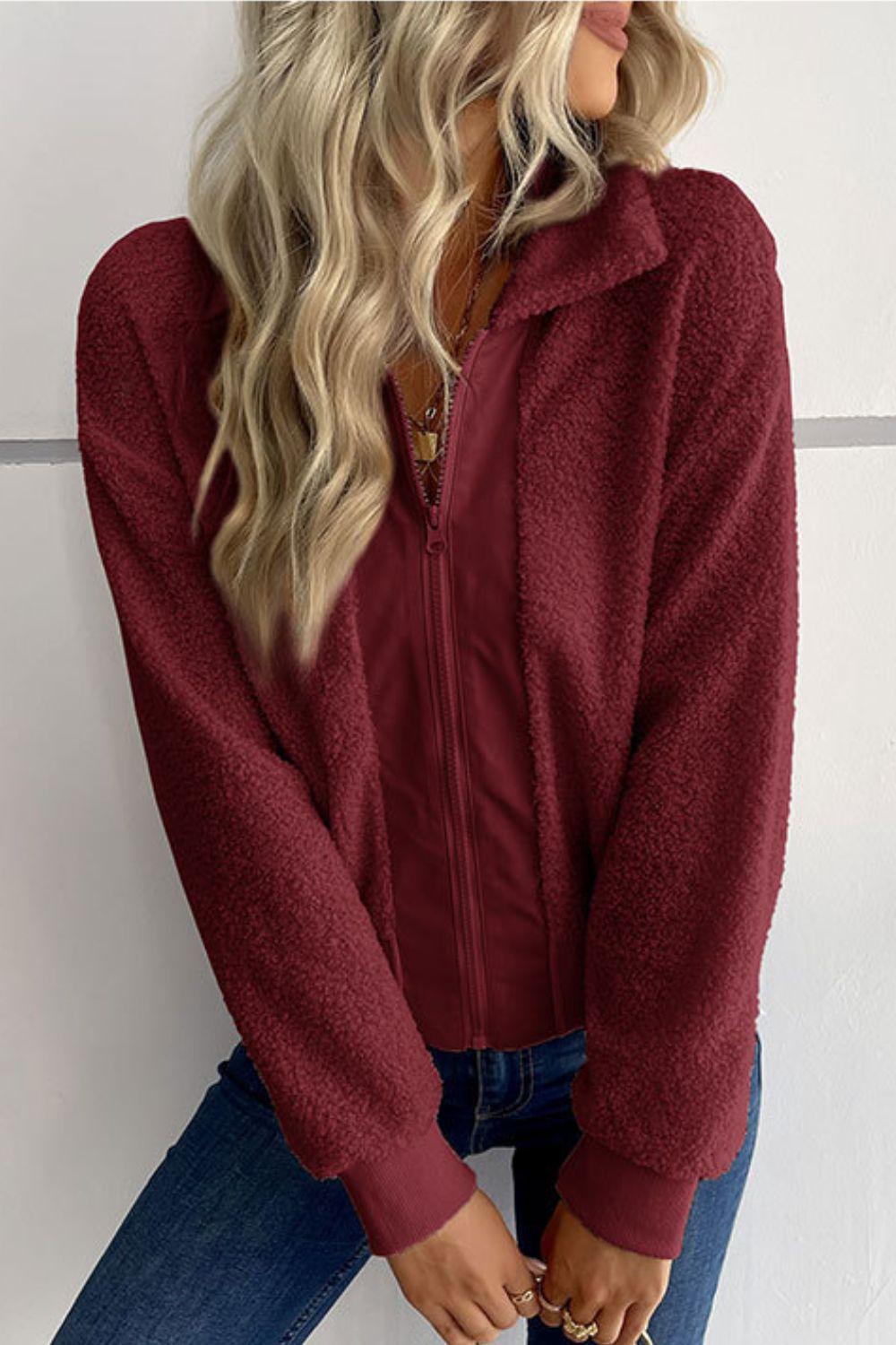 Zip-Up Sherpa Collared Neck Jacket with Pockets - Trendha