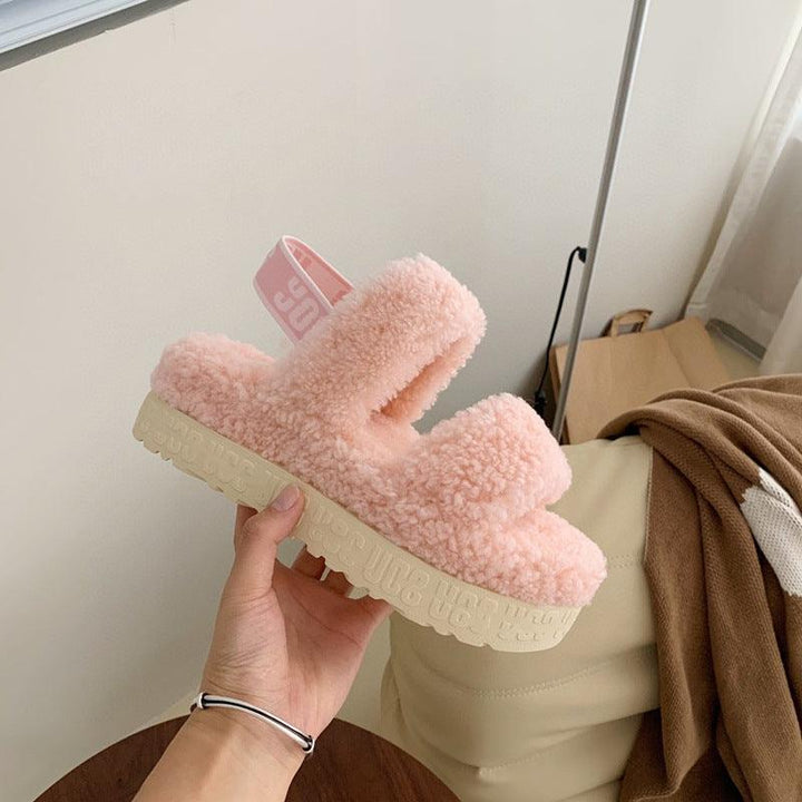 Autumn And Winter Furry Teddy Wool Sponge Cake Platform Slippers - Trendha