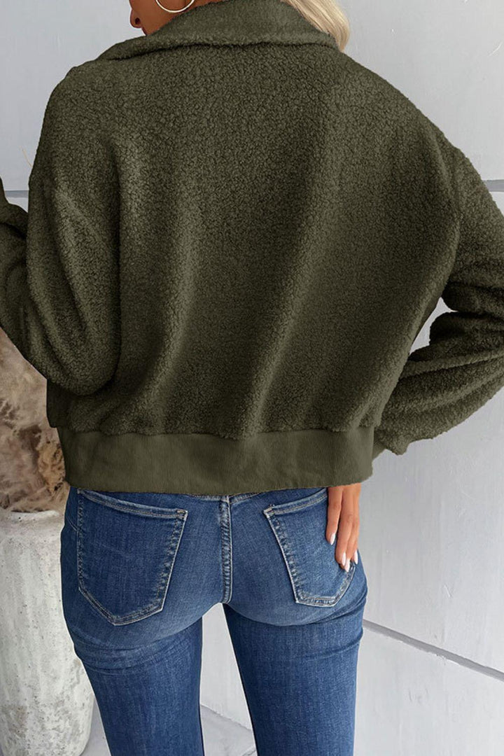Zip-Up Sherpa Collared Neck Jacket with Pockets - Trendha
