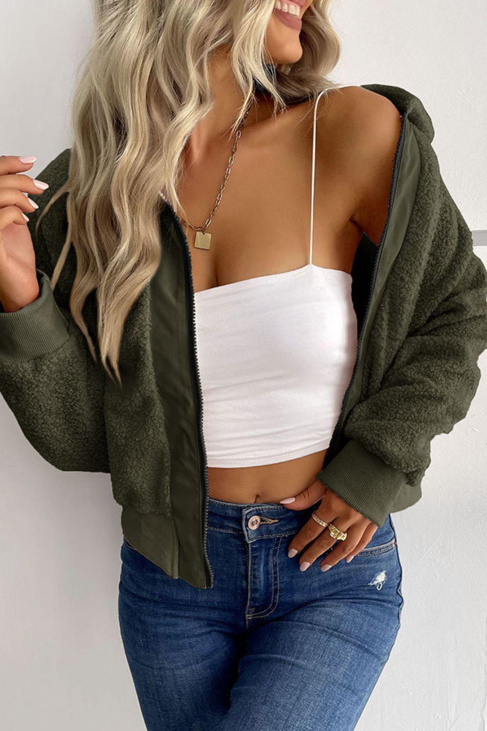 Zip-Up Sherpa Collared Neck Jacket with Pockets - Trendha