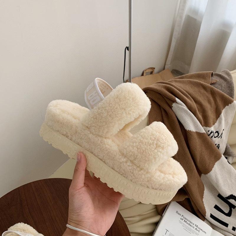 Autumn And Winter Furry Teddy Wool Sponge Cake Platform Slippers - Trendha
