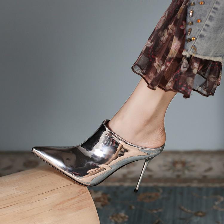Stiletto High Heels Pointed Toe Silver Patent Leather Toe Cap Iron Heel Sandals And Slippers - Trendha