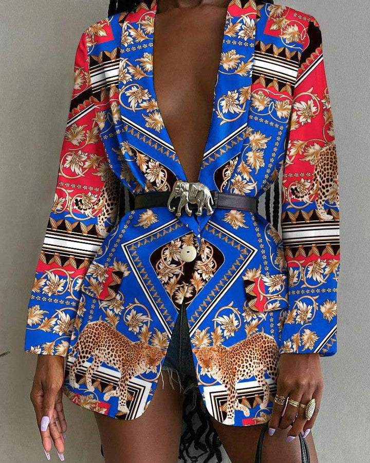 Fashion-Forward Printed Shawl Collar Single-Breasted Belted Blazer for Women - Trendha