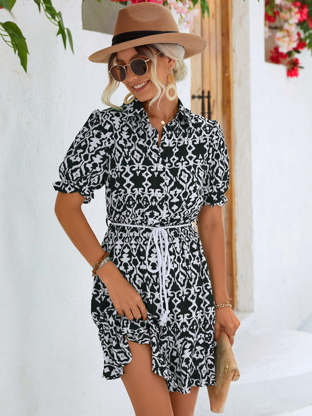 Printed Tie Waist Collared Flounce Sleeve Dress - Trendha