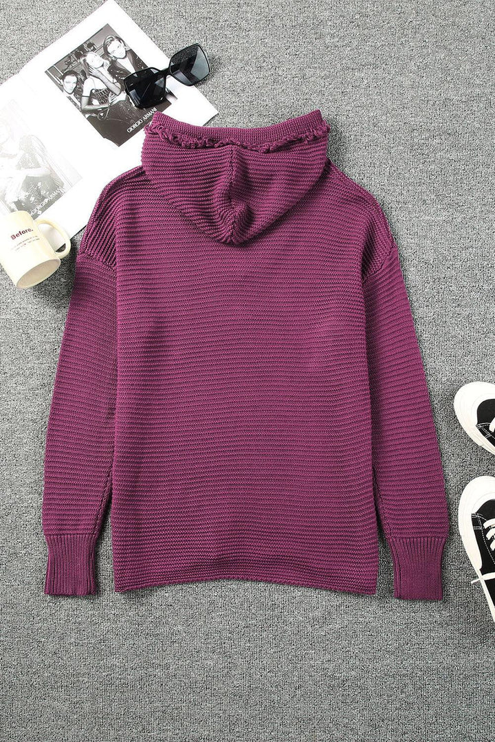 Horizontal Ribbing Fringe Trim Hooded Sweater - Trendha