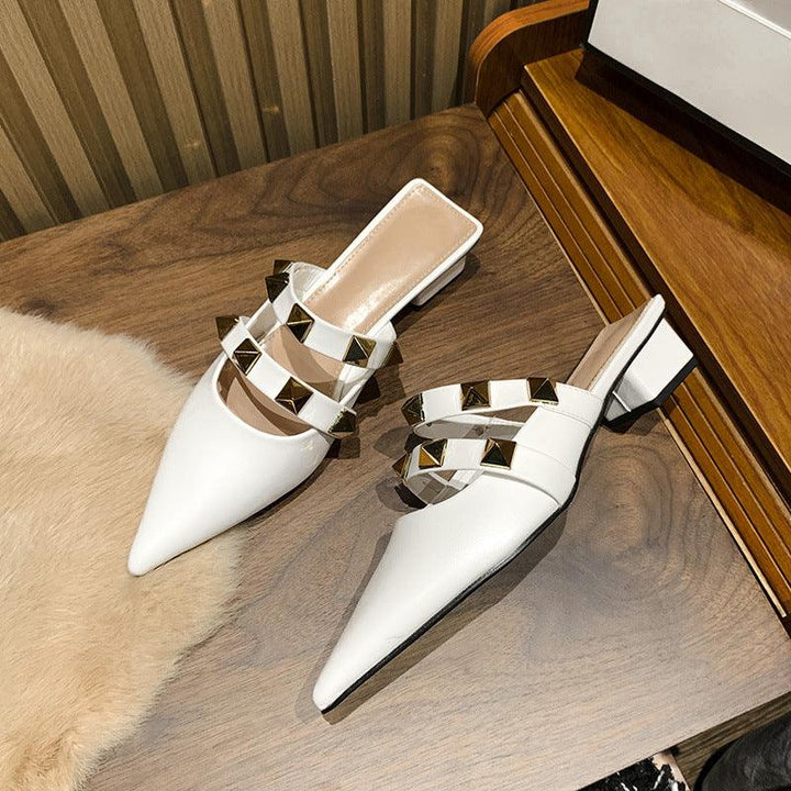 Women's Single Shoes Pointed Toe Sandals Women's Thick Heel Baotou Half Slippers - Trendha