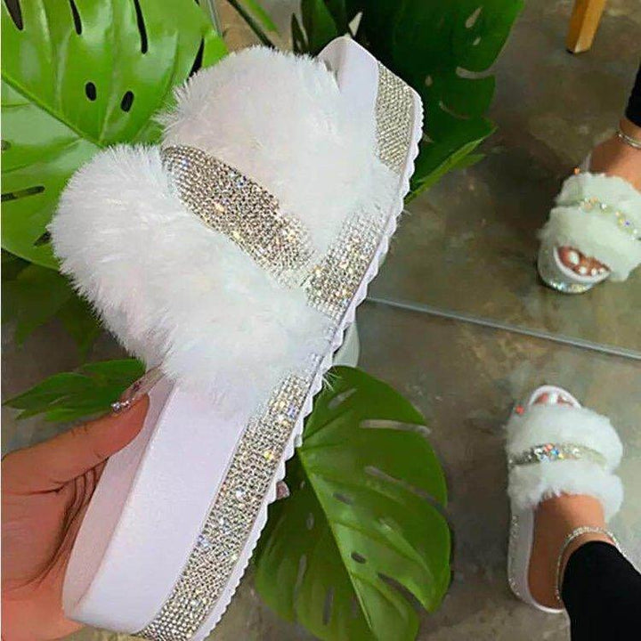 Women Bling Fluffy Slippers Fur Slides Platform Wedges Heel Solid - Trendha