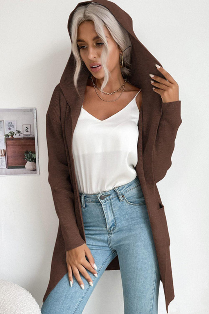Ribbed Open Front Hooded Cardigan with Pockets - Trendha